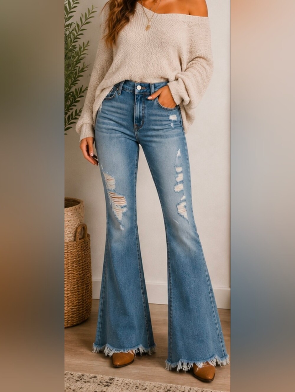 RISEN Distressed Flare Jeans Women 5/27 High Rise Raw Hem Stretch Boho Western